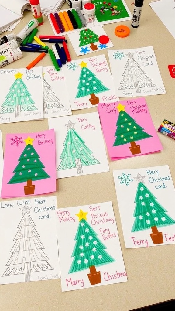 A collection of vibrant handmade Christmas cards with drawings and decorations on a craft table.